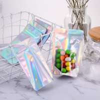 Free Sample Rainbow Color Stand Up Pouch with Window Holographic Stand Up Pouch for Candy Food Storage