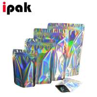 MOQ 500 clear hologram foil stand up zipper pouch bag with ziplock 140x200+80 mm